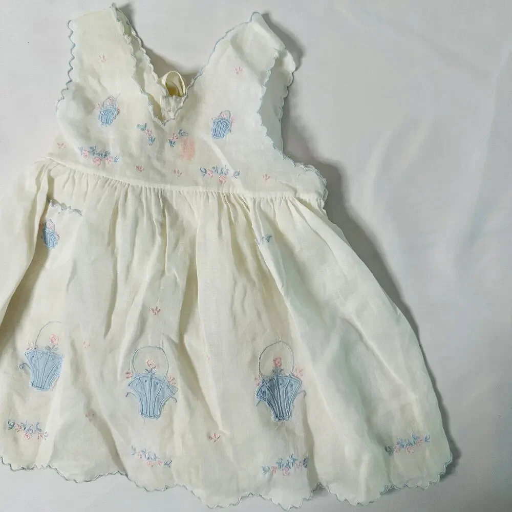 Vintage Spring Easter Flower Basket Pinafore Tie Back Apron Dress Sz 0-3 mo